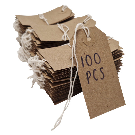 Swift Strung Tags Brown Reinforced Card Clothing Parcel Label String Hanging Gift Swing Tickets Kraft Hang Price Labelling 70mm x 35mm (Pack Of 100)