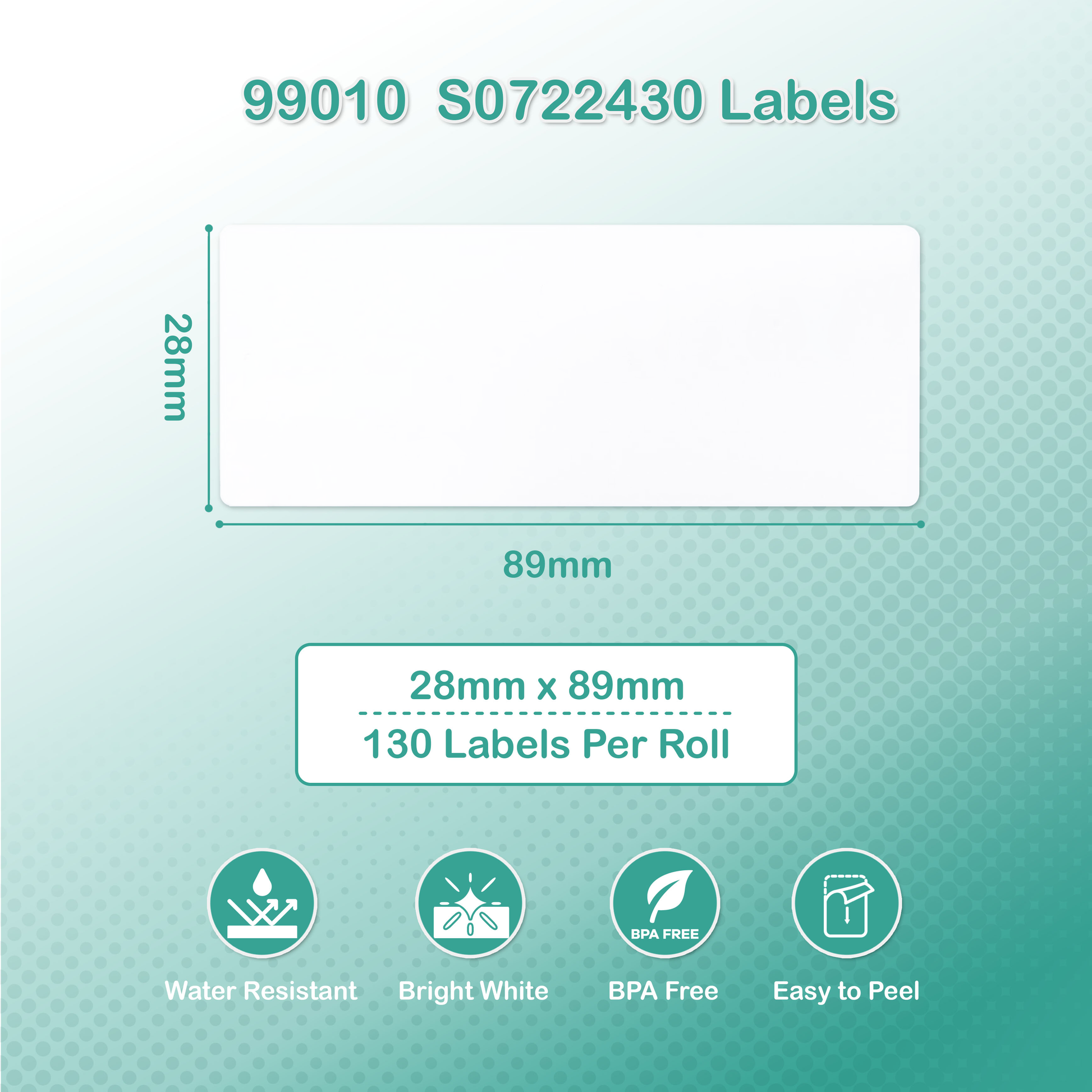Product label with dimensions, roll count, and features on a teal background