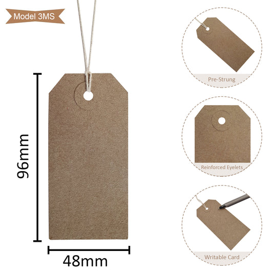 Swift Strung Tags Brown Reinforced Card Clothing Parcel Label String Hanging Gift Swing Tickets Kraft Hang Price Labelling 96mm x 48mm (Pack Of 1000)