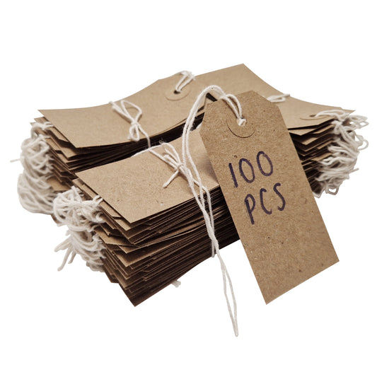 Swift Strung Tags Brown Reinforced Card Clothing Parcel Label String Hanging Gift Swing Tickets Kraft Hang Price Labelling 108mm x 54mm (Pack Of 100)