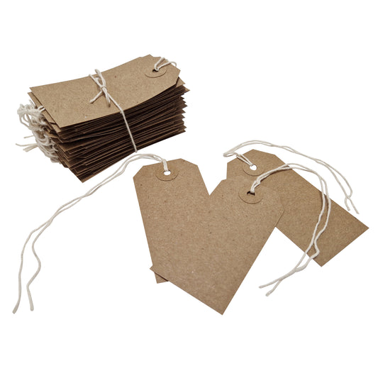 Swift Strung Tags Brown Reinforced Card Clothing Parcel Label String Hanging Gift Swing Tickets Kraft Hang Price Labelling 108mm x 54mm (Pack Of 500)