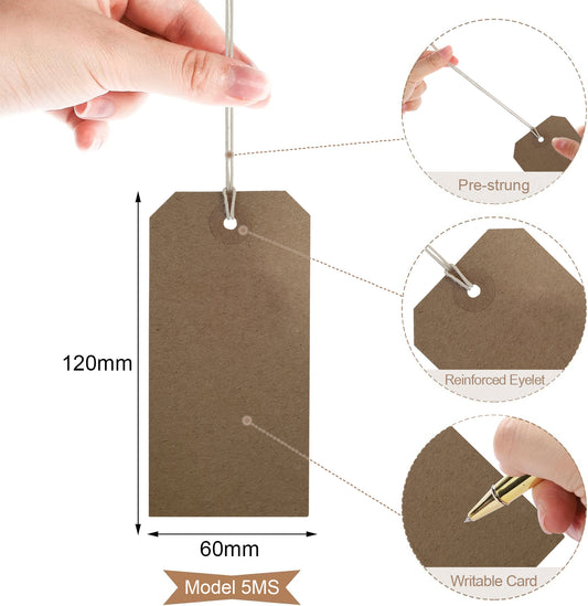 Swift Strung Tags Brown Reinforced Card Clothing Parcel Label String Hanging Gift Swing Tickets Kraft Hang Price Labelling 120mm x 60mm (Pack Of 100)