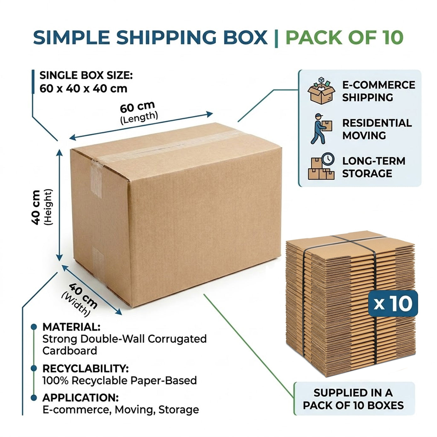 Pack of 10 Large Double Wall Cardboard Boxes 60 x 40 x 40cm