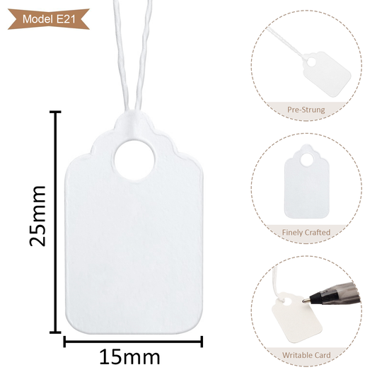 Swift Strung Tags White Card Clothing Parcel Label String Hanging Gift Swing Tickets Kraft Hang Price Labelling 25mm x 15mm (Pack Of 500)