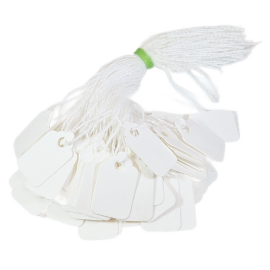 Swift Strung Tags White Card Clothing Parcel Label String Hanging Gift Swing Tickets Kraft Hang Price Labelling 25mm x 15mm (Pack Of 3000)