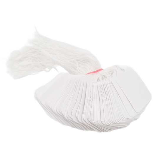 Swift Strung Tags White Card Clothing Parcel Label String Hanging Gift Swing Tickets Kraft Hang Price Labelling 55mm x 37mm (Pack Of 500)