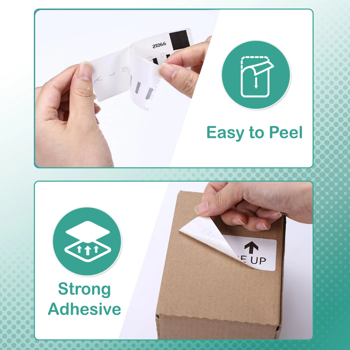 Hands peeling a label and applying it to a box, with 'Easy to Peel' and 'Strong Adhesive' text.