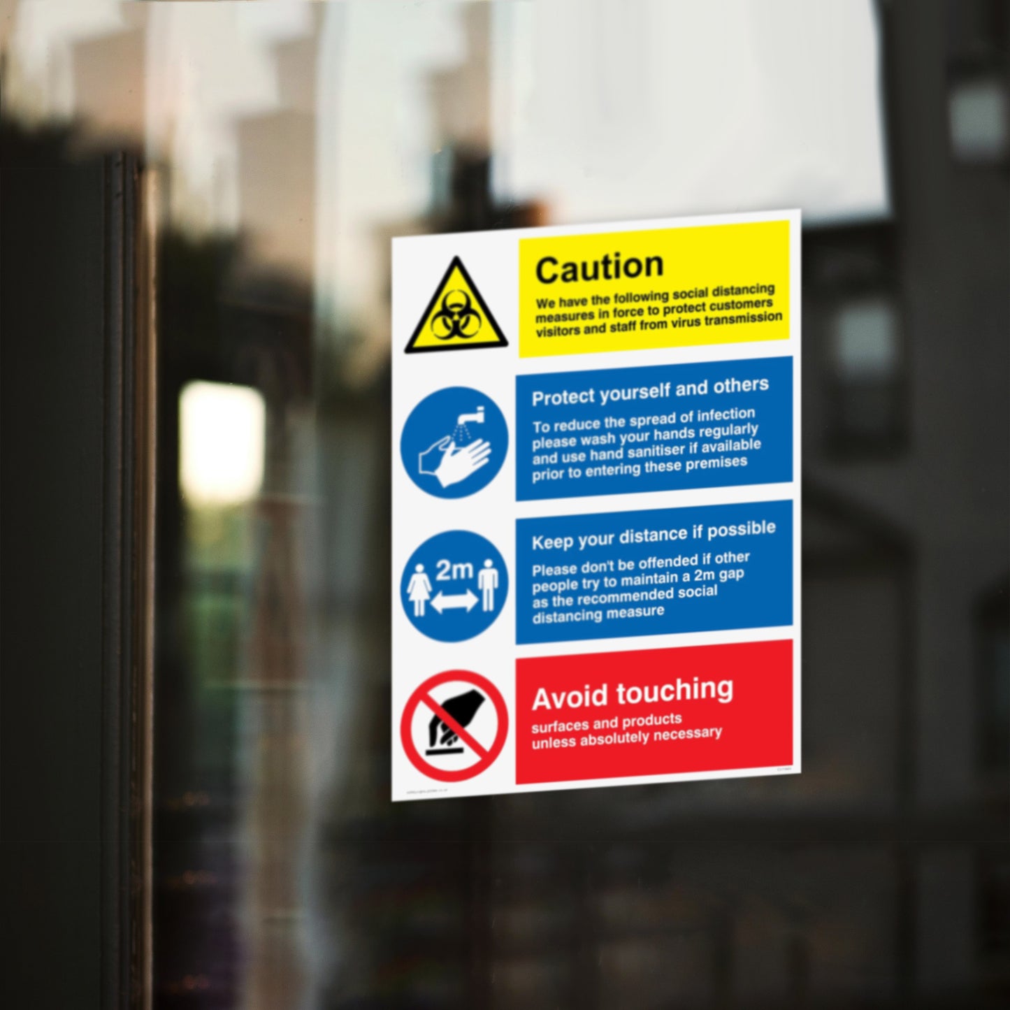 Caution Social Distancing Measures Avoid Touching Plastic Sign (BS24)