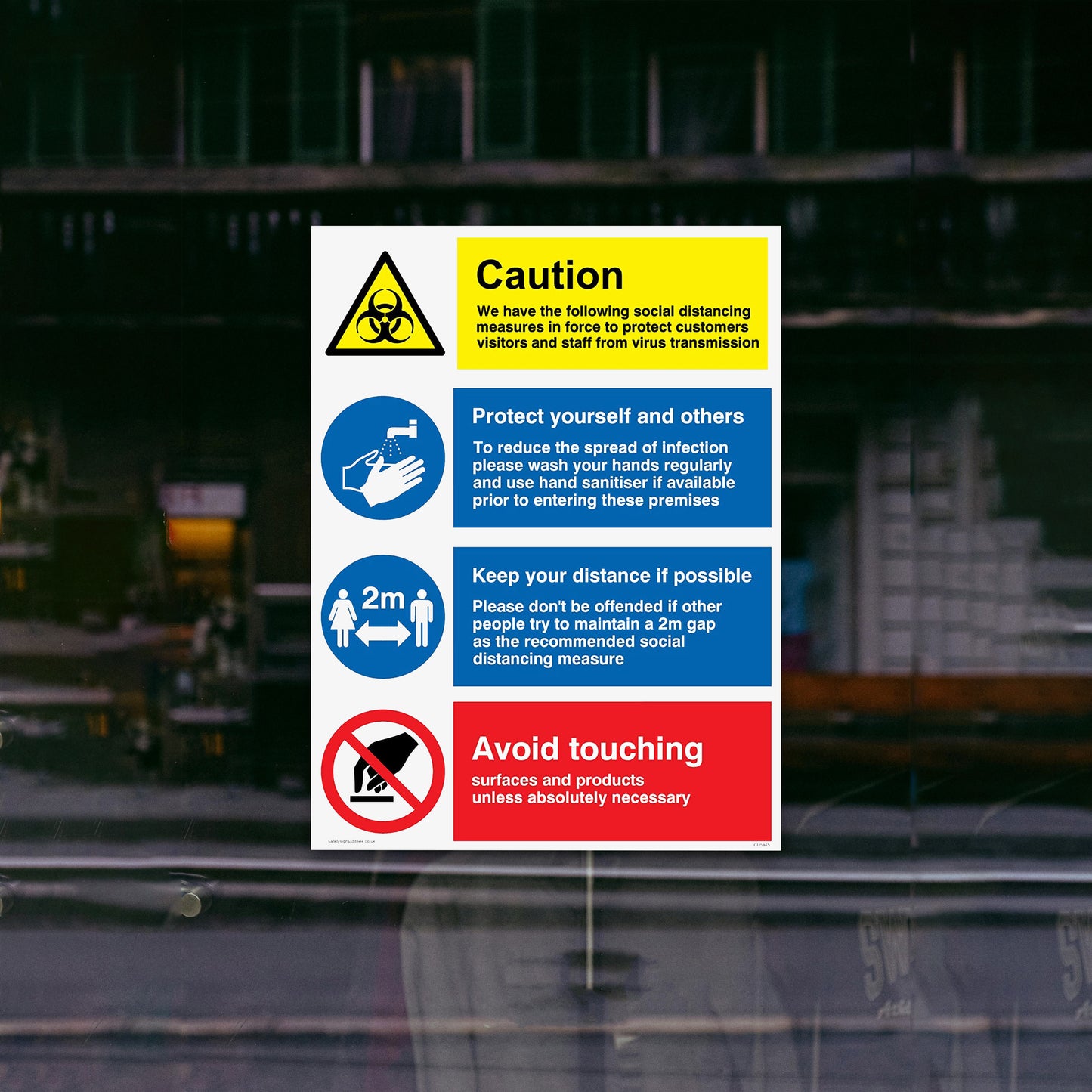 Caution Social Distancing Measures Avoid Touching Plastic Sign (BS24)