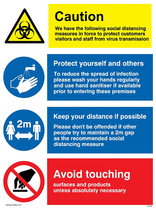 Caution Social Distancing Measures Avoid Touching Plastic Sign (BS24) tradingmadeeasy.co.uk