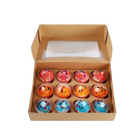 Cupcake Boxes Kraft Brown Holds 12 Single Fairy Cake with Clear Window Cardboard Packaging Box Baking Kids Muffins Cookies Weddings tradingmadeeasy.co.uk