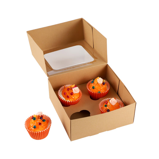Cupcake Boxes Kraft Brown Holds 4 Single Fairy Cake with Clear Window Cardboard Packaging Box Baking Kids Muffins Cookies Weddings tradingmadeeasy.co.uk