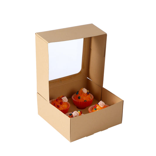 Cupcake Boxes Kraft Brown Holds 4 Single Fairy Cake with Clear Window Cardboard Packaging Box Baking Kids Muffins Cookies Weddings tradingmadeeasy.co.uk