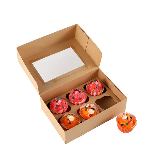 Cupcake Boxes Kraft Brown Holds 6 Single Fairy Cake with Clear Window Cardboard Packaging Box Baking Kids Muffins Cookies Weddings tradingmadeeasy.co.uk